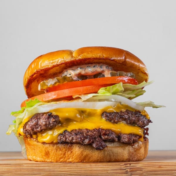 A BurgerTen double cheeseburger with lettuce, tomato, onion, pickles, and special sauce on a bun.