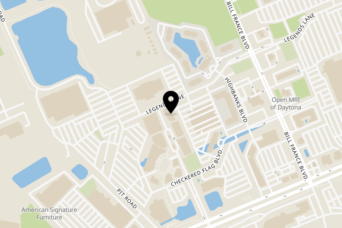 Map showing the location of BurgerTen and ChickenToo on 260 Daytona Blvd suite D-400 in Daytona Beach